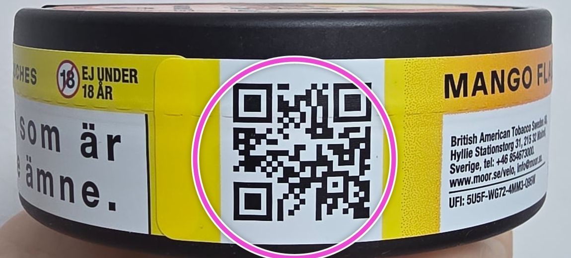 קוד QR על צד קופסת VELO Mango Flame